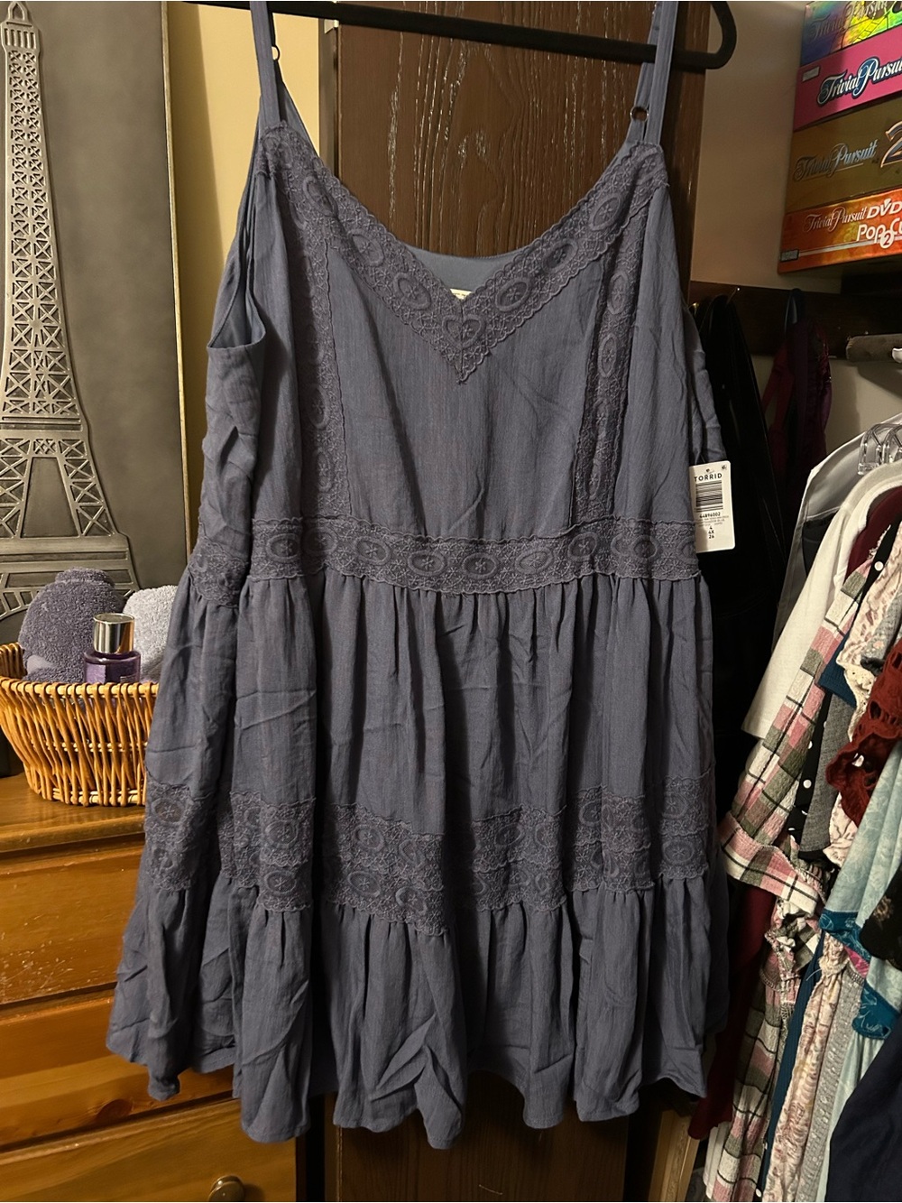 torrid Slate Gray Lace-Trim Tiered Mini Dress